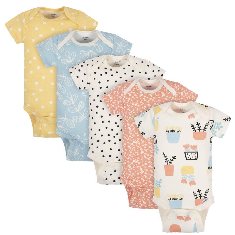 Grow by Gerber Baby Girls 5-Pack Short-Sleeve Onesies Bodysuits, Orange/Yellow/Green/Ivory, Newborn - Image 1